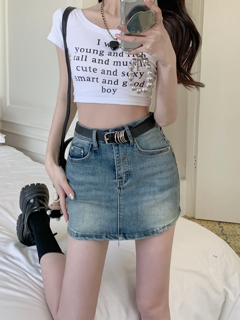 實拍#新款彈力牛仔短裙女設計感U形裙擺包臀裙