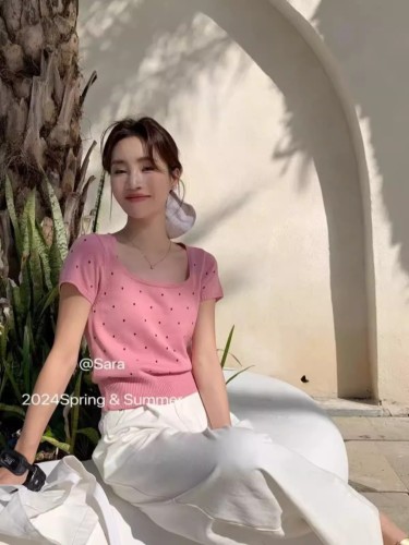 SARA韩系甜美U领波点短袖针织衫2024年春季气质百搭显瘦短款上衣