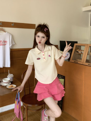 Real shot~Summer new versatile apricot Polo collar embroidered casual age-reducing short-sleeved irregular T-shirt
