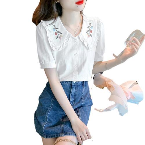 休闲时尚韩版姐妹装女新款辣妹短款娃娃设计感小众泡泡袖花边衬衫