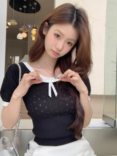 天猫品质韩系甜美粉色镂空针织短袖T恤女夏季蝴蝶结打底衫