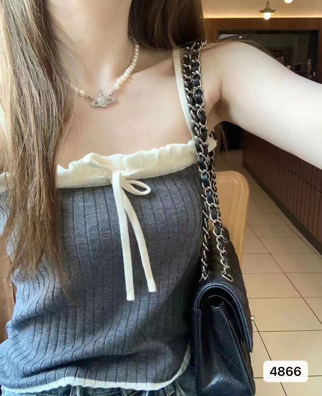 針織大碼女裝小清新拼色木耳邊系帶蝴蝶結吊帶