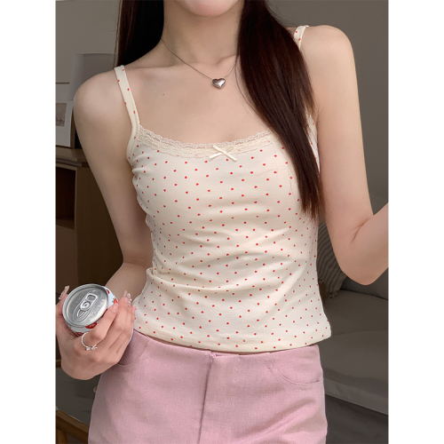 Real shot of sweet style bow lace stitching camisole women's spring and summer short top