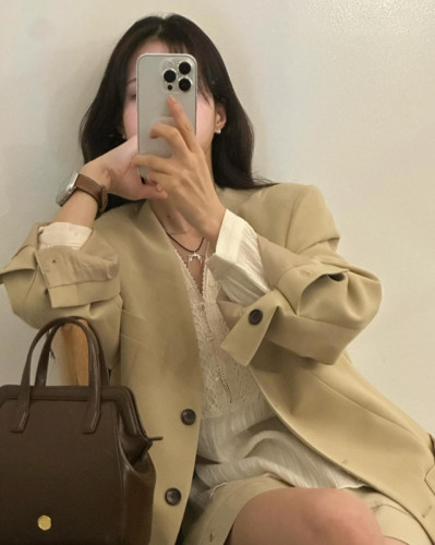 韩国chic春日 V领设计感 宽松 长袖西装外套 夹克