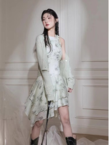 COTRE 竹林疏影蕞是东方 天青色 新中式挖肩竹影印花连衣裙
