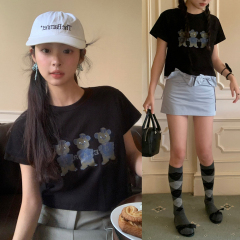 實拍 美式少女復古卡通三隻小熊字母印花減齡圓領休閒短款T恤