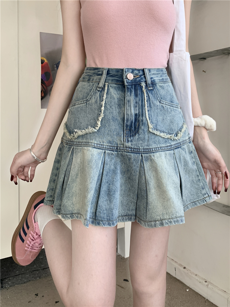 Actual shot ~ New American retro high-waist slim A-line denim pleated anti-exposure skirt