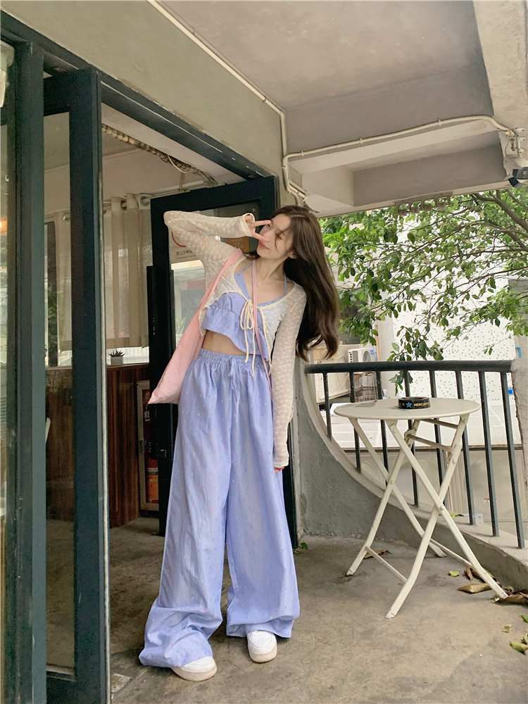 Real shot ~ lace embroidered long-sleeved cardigan + colorful polka dot striped suspender top wide-leg pants suit