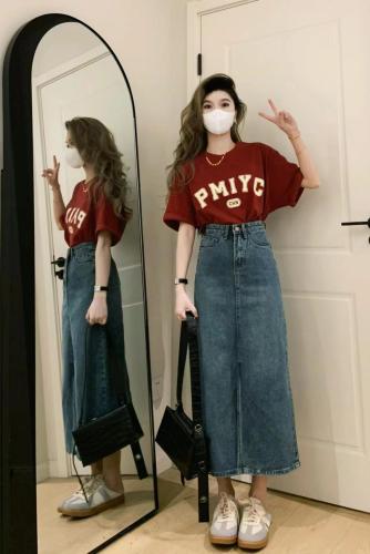 Summer women's clothing Hong Kong style American retro T-shirt top denim skirt salt style two-piece suit with light and mature style