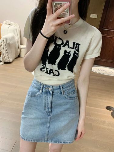 New summer cat sweater short-sleeved top for women with denim skirt two-piece set