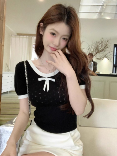 天猫品质韩系甜美粉色镂空针织短袖T恤女夏季蝴蝶结打底衫