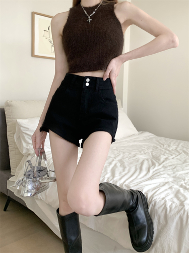 Actual shot ~ Black high-waisted denim shorts for women, new high-waisted hottie skinny jeans, butt-covering super shorts