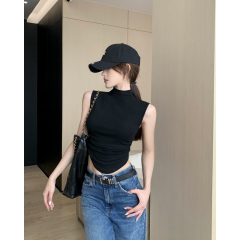 Cotton Modal Half-Sleeve T-Shirt for Women, Short-Sleeve Pleated Backless Top, Black Underwear Shirt