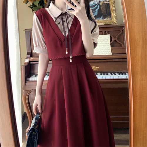 酷丝棉面料拼接假两件连衣裙夏季韩系学院风减龄网红新款长裙