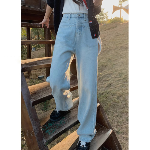 Light-colored wide-leg jeans for women, spring new style, small, high-waisted, loose, slim, versatile, narrow-cut, straight-leg floor-length mopping pants