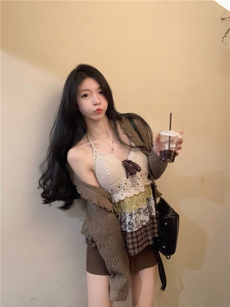 實拍~古着泰辣si服重工甜辣小吊帶上衣內搭+開衫短裙套裝女