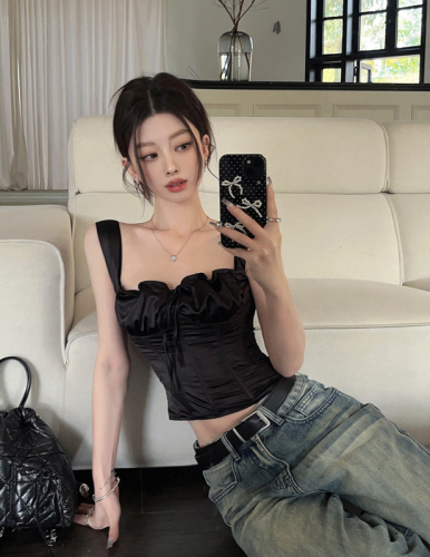 Real shot of new summer style European and American pure royal hotties sexy imitation silk fishbone corset back zipper camisole