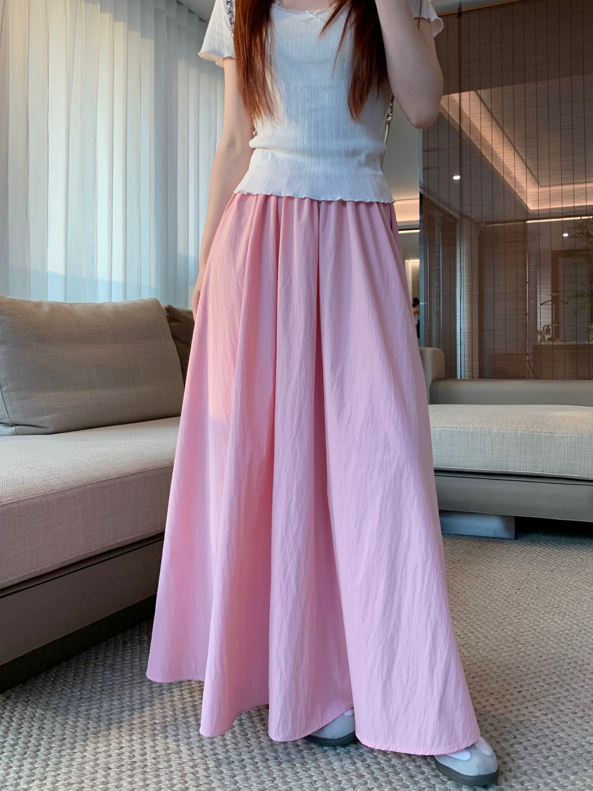 Actual shot 2024~ Large hem, comfortable and quick-drying wrinkled fabric maxi skirt in 5 colors