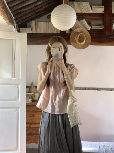 Real shot ~ 2024 spring Korean style summer literary two-piece shirt + gray high-waisted mid-length skirt