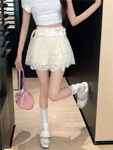 Actual shot of 2024 spring and summer ballet style bow strap lace A-line skirt high waist slimming short culottes