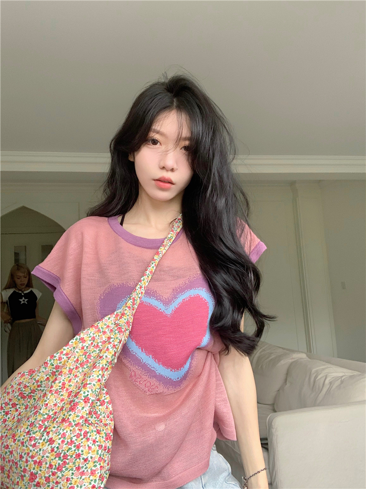 Real shot ~ Large size, versatile, loose, slimming and age-reducing short-sleeved color-blocked sweater, love top, summer trend for women