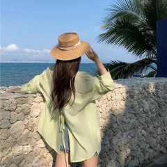 Loose and versatile Tencel shirt with back slit for women, sun protection design top shirt