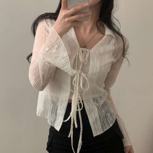 Korean ins spring temperament design pure desire lace cardigan women's long-sleeved strappy shirt