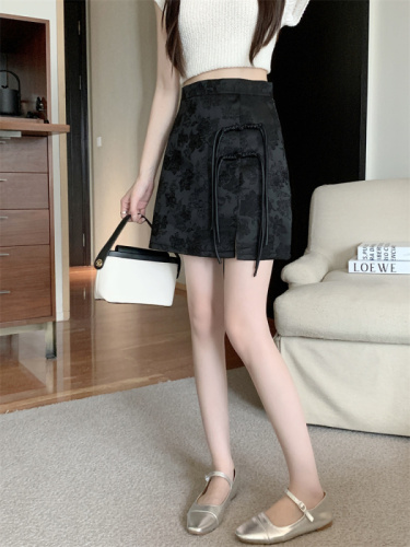 Actual shot of new Chinese style high-end concealed flower plate buckle skirt for women in summer high-waisted A-line slit anti-exposure skirt