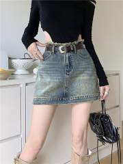 Actual shot~New high-waisted slimming A-line hip-covering anti-exposure retro raw edge denim short skirt for women
