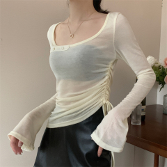 實拍  新款露肩T恤女不規則針織收腰設計感上衣