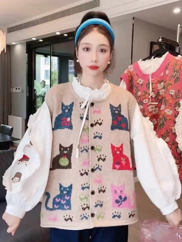 猫咪针织马甲女秋季新款2024复古宽松时尚设计感无袖背心上衣
