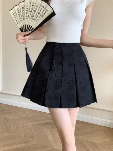 Actual shot of 2024 new Chinese style jacquard pleated skirt for women spring and summer new high-waisted A-line skirt