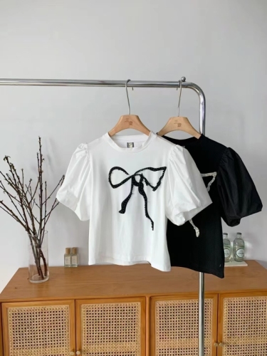 Korea simple casual round neck print + pearl decorated bow short-sleeved T-shirt
