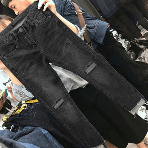 Large size ripped jeans for women with pear-shaped body pants for fat girls mm high-waist elastic slimming small straight nine-point pants