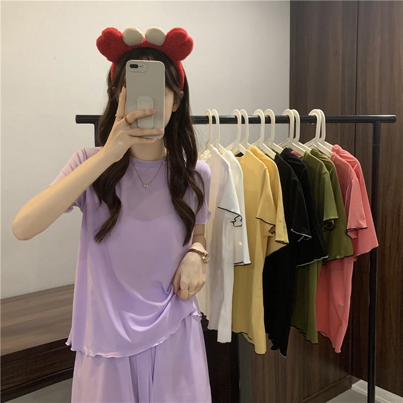 Actual shot of the new Korean style loose round neck fungus edge cool ice silk home wear two-piece set for women