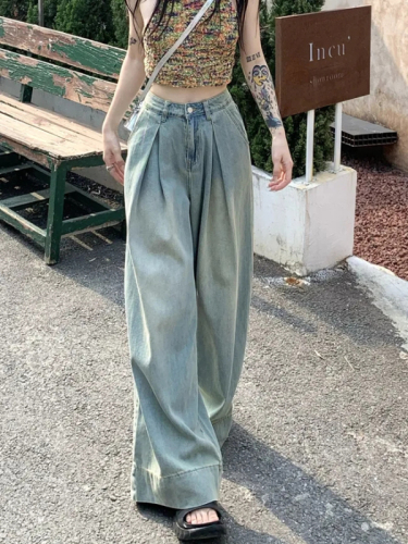 Spring and Autumn loose and versatile wide-leg slimming long pants Korean style flesh-covering high-waist straight floor-length jeans for women trendy