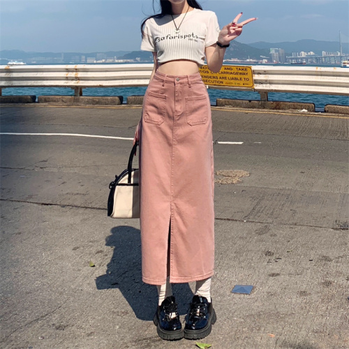Real shot~Dirty pink denim skirt for women summer new Hong Kong style ins high waist slimming versatile hip skirt
