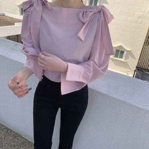 INS Korea~Beautiful pink puff sleeve shirt for women with niche French style sweet shoulder bow long sleeves
