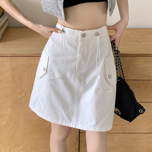 7702 Real shot ~ Large size drawstring workwear skirt for small people, summer women's high waist, hip-covering, slimming A-line hip-covering short skirt