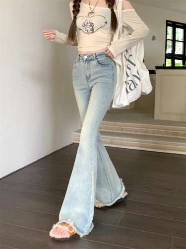 Actual shot ~ New style versatile high-waist slim light blue washed slim-fit raw edge slightly flared jeans