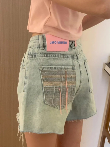 American ripped denim shorts women's summer thin embroidered tassel hot girl outer wear wide leg A-line hot pants trendy