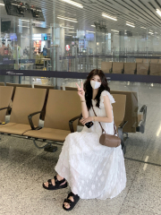 Real shot#Niche design French fairy skirt with small flying sleeves white cake dress loose long skirt for women