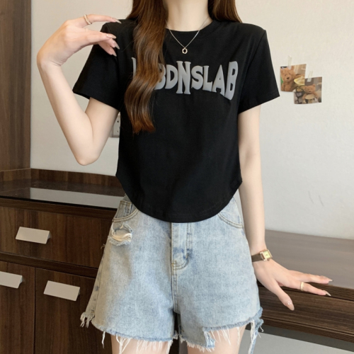 Real shot 40 count pure cotton 2024 summer foam printed short-sleeved T-shirt women Iins trendy short slim top