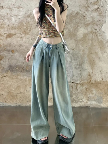 Spring and Autumn loose and versatile wide-leg slimming long pants Korean style flesh-covering high-waist straight floor-length jeans for women trendy