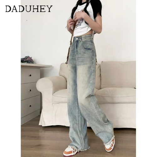 Wide-leg jeans for women spring and autumn 2024 new American loose retro slim raw edge floor-length straight denim trousers