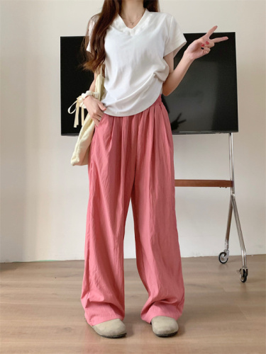 Real shot of large size casual thin wide-leg pants suit for women summer short waisted short-sleeved T-shirt two-piece pants suit