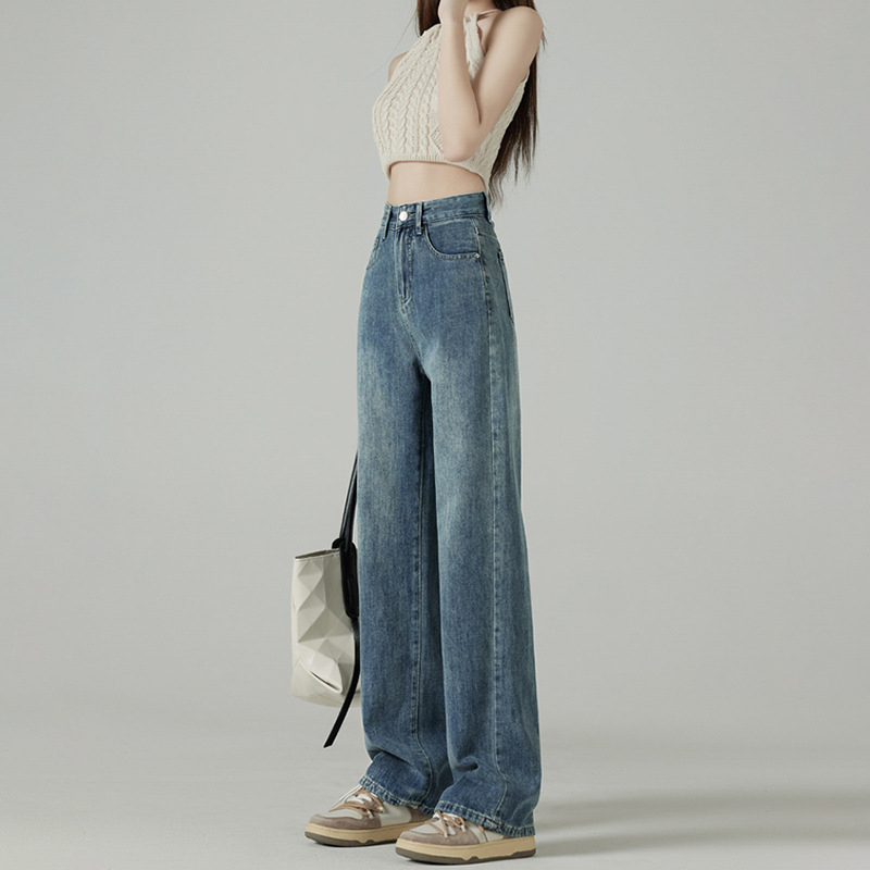 Large size retro vibe style casual high-waisted floor-length jeans for women covering flesh nostalgic straight hanging loose long pants