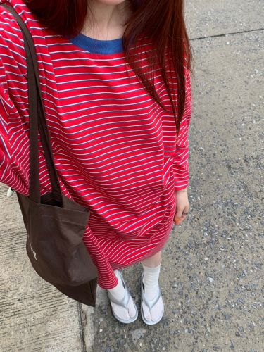 Actual shot 2024~oversize boyfriend style striped short-sleeved/middle-sleeved long T-shirt dress