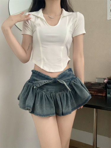 Real shot of slim slim retro short-sleeved T-shirt for women in summer, American-style inner layer, hot girl outer short top