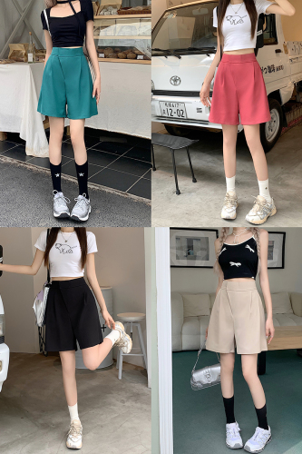 7333 Real shot~Large size Velcro suit shorts for women summer high-waist slimming A-line casual wide-leg five-point pants